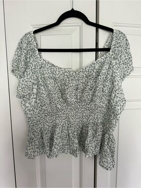 Hollister Floral Smocked Ruffle Peplum Top - Green/White